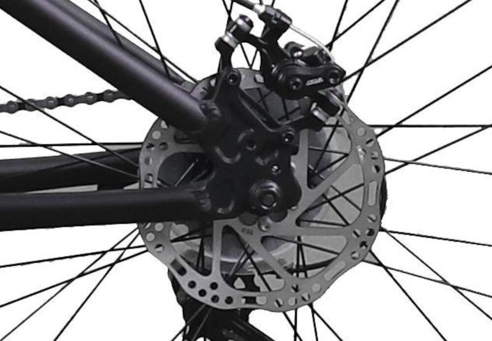 Rower młodzieżowy INDIANA X-Pulser 2.7 27.5 cala dla chłopca Limonkowy zbliżenie na tarczę hamulcową hamulce tarczowe mechaniczne sprawdzają się w każdych warunkach pogodowych i na każdej trasie bardzo duża siła hamowani hamulce z przodu i z tyłu podwójny pakiet bezpieczeństwa