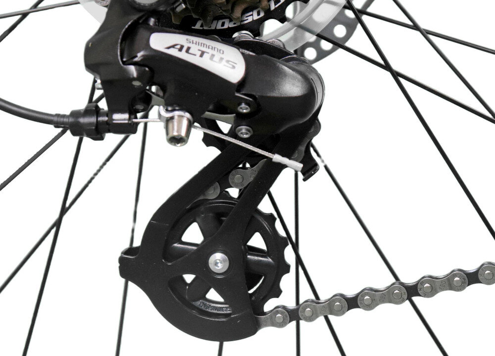 Rower młodzieżowy INDIANA X-Pulser 2.7 27.5 cala dla chłopca Limonkowy zbliżenie na tylną przerzutkę białe tło 21 przełożeń przednia przerzutka SHIMANO Tourney duża wytrzymałość i sprawne działanie zmiana biegów jest płynna i bezproblemowa tylna przerzutka SHIMANO Altus technologia SHADOW przerzutka jest schowana i mniej narażona na uszkodzenia