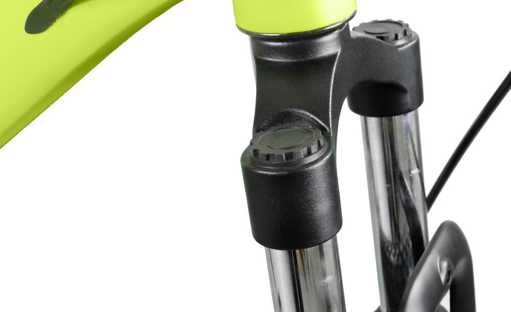 Rower młodzieżowy INDIANA X-Pulser 2.7 27.5 cala dla chłopca Limonkowy zbliżenie na amortyzator widok z boku białe tło rower typu hardtail przedni amortyzator sprężynowy marki INDIANA ułatwia najeżdżanie na przeszkody i niweluje wstrząsy na kierownicy