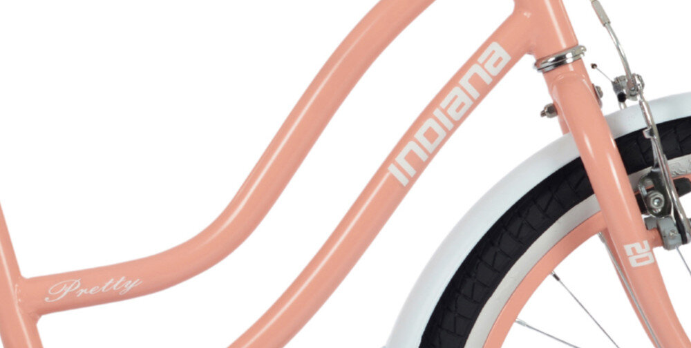 Rower dziecięcy INDIANA Pretty 20 cali dla dziewczynki Brzoskwiniowy zbliżenie na ramę białe tło odpowiednio wyselekcjonowane materiały stalowa 10-calowa rama specjalnie dostosowana do najmłodszych geometria roweru ponadprzeciętna odporność na uszkodzenia mechaniczne i działanie czynników zewnętrznych wybór rozmiaru ramy Twój wzrost mierzony w zrelaksowanej pozycji typ roweru