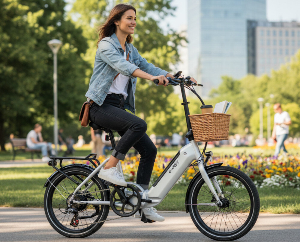 Rower elektryczny ROMET E-Wigry 1.1. U14 20 cali Srebrny Składany rower elektryczny Motus ECO prezentuje czarną ramę, amortyzowany widelec i bagażnik na jasnym tle produktowym..