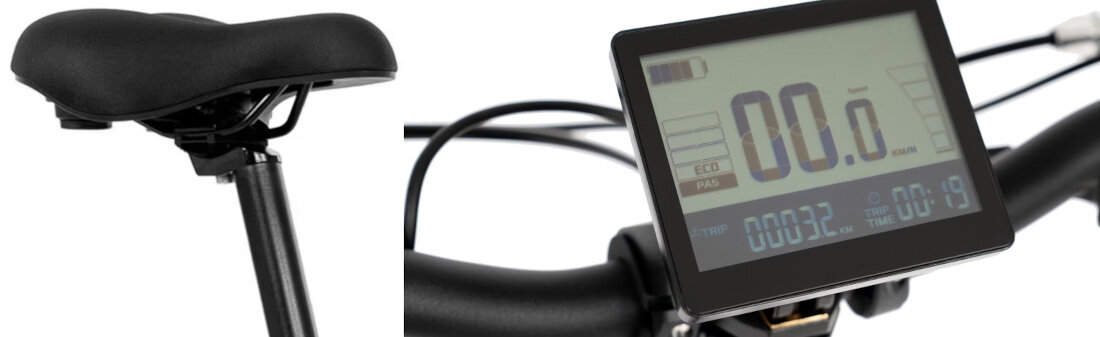 Rower elektryczny ROMET E-Wigry 1.1. U14 20 cali Srebrny Składany rower elektryczny Motus ECO prezentuje wyświetlacz LCD, składaną konstrukcję i siodełko na kolażu zdjęć produktowych