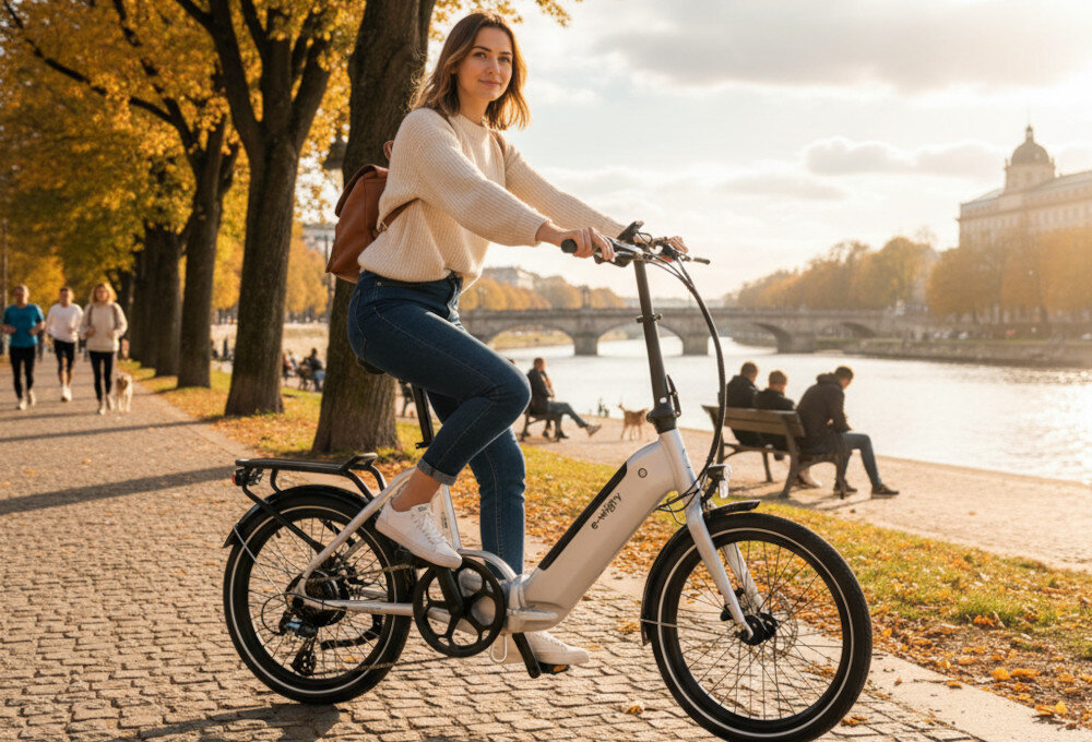 Rower elektryczny ROMET E-Wigry 1.1. U14 20 cali Srebrny Składany rower elektryczny Motus ECO pokazuje przednie koło z amortyzowanym widelcem Alhonga i hamulcem tarczowym na jasnym tle.