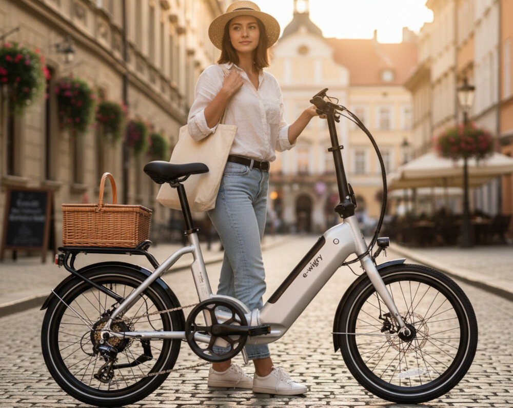 Rower elektryczny ROMET E-Wigry 1.1. U14 20 cali Srebrny Składany rower elektryczny Motus ECO po złożeniu prezentuje kompaktową konstrukcję z bagażnikiem na jasnym tle produktowym.