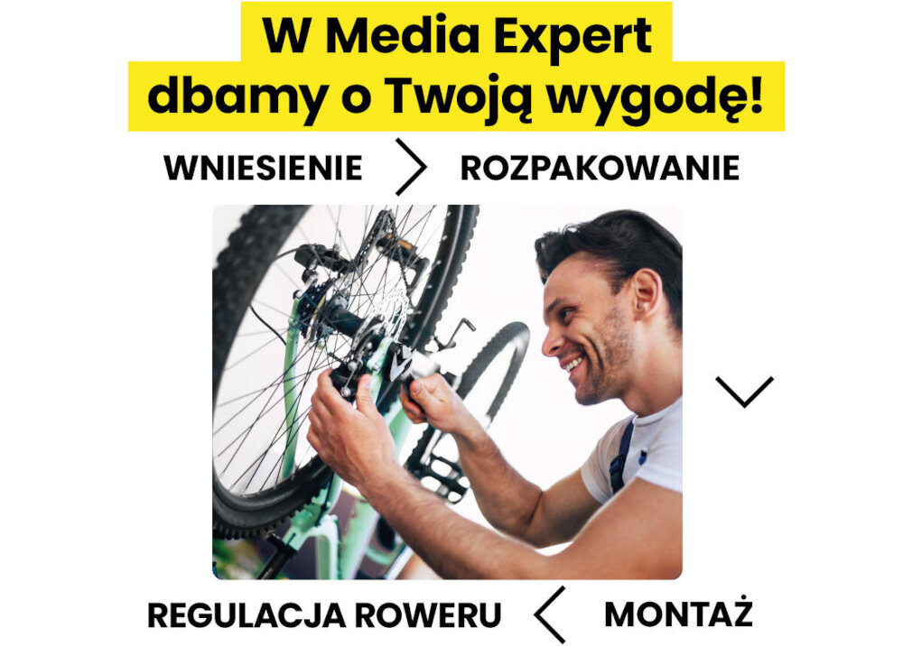 Na obrazie widoczny jest mężczyzna regulujący rower, a nad nim znajduje się tekst: \'W Media Expert dbamy o Twoją wygodę!\'. Dodatkowe napisy to: \'WNIESIENIE\', \'ROZPAKOWANIE\', \'REGULACJA ROWERU\', \'MONTAŻ\'.