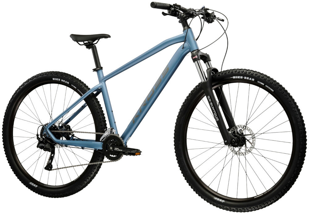 Rower górski MTB KROSS XPRT 9.2 M20 29 cali męski Niebiesko-grafitowy rower na białym tle widoczny od przodu pod skosem środek codziennego transportu relaks pasja uniwersalność