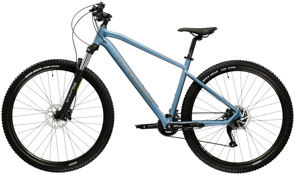 Rower górski MTB KROSS XPRT 9.2 M20 29 cali męski Niebiesko-grafitowy rower na białym tle widoczny z boku góral pojazd dla sportowców do jazdy wyczynowej uniwersalny dla amatorów zwrotny łatwo wchodzi w zakręty do jazdy w mieście za miastem w lesie na górskim szlaku w błocie nie za głębokim piachu