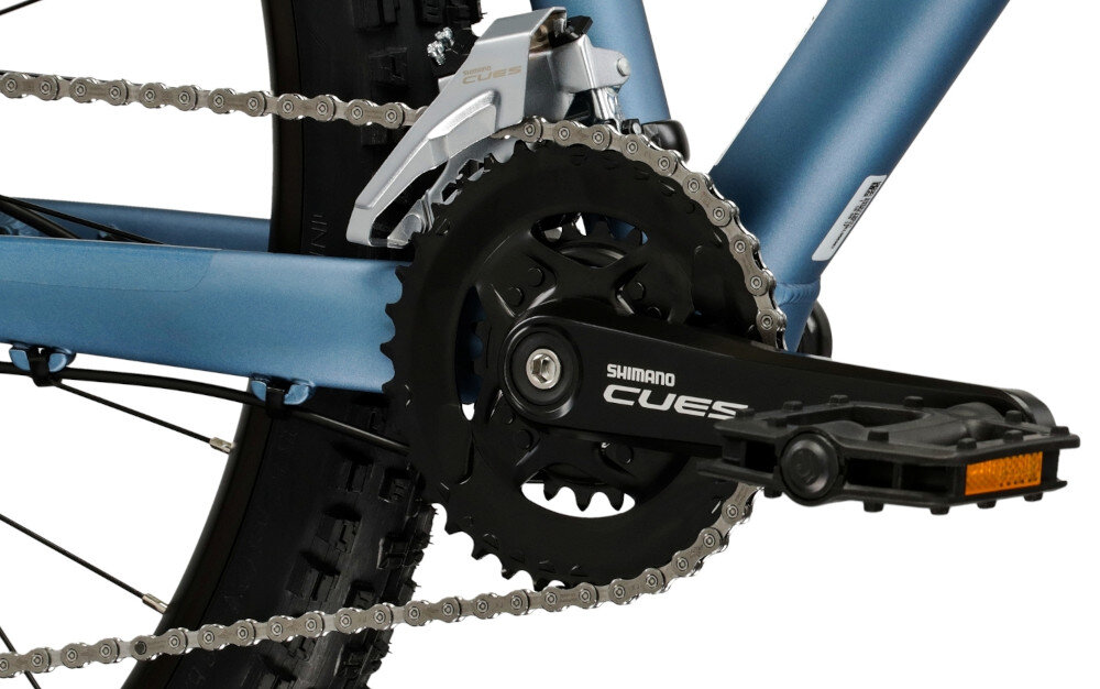 Rower górski MTB KROSS XPRT 9.2 M20 29 cali męski Niebiesko-grafitowy zbliżenie na korbę do wszechstronnej jazdy terenowej i rekreacyjnej kaseta SHIMANO CUES typu LG300 11-36T korba marki SHIMANO CUES typu U4000 płynna zmiana przełożeń łatwe dopasowanie siły pedałowania do warunków terenu