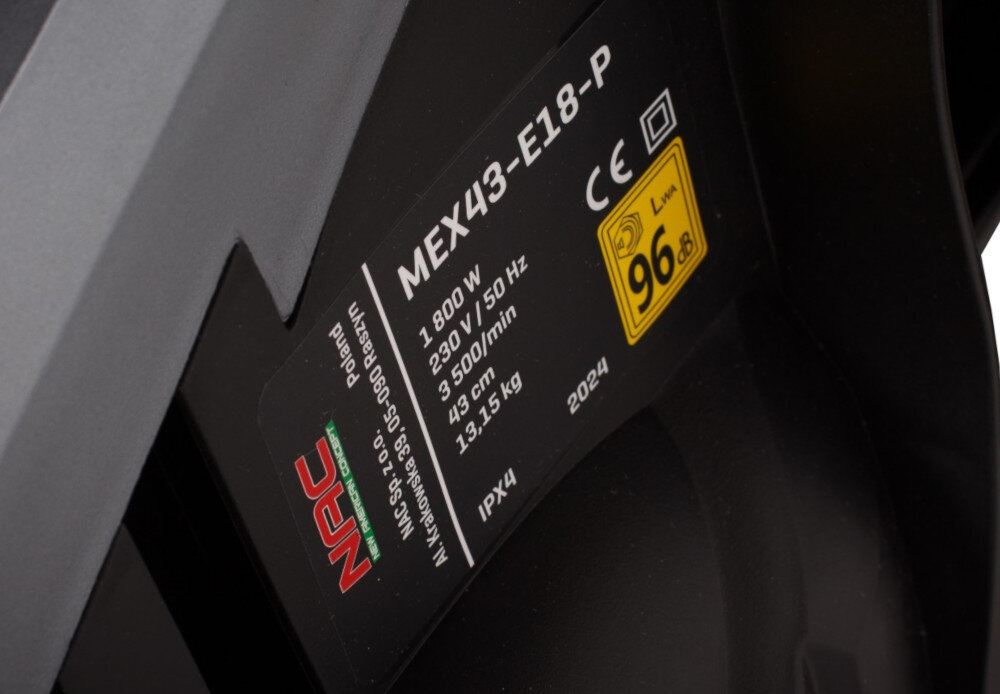 Kosiarka elektryczna NAC MEX43-E18-P 1800W silnik szczotkowy moc 1800 W zabezpieczenie przed przeciazeniem zabezpieczenie termiczne