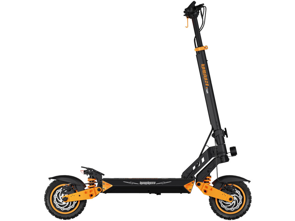 Hulajnoga elektryczna KAMIKAZE K1 Max Max 80km 2x1000W 10 cali Czarny hulajnoga na białym tle widoczna z boku sygnał dźwiękowy komunikowanie się z innymi użytkownikami drogi tempomat pozwala ustawić i utrzymywać stałą prędkość pojazdu zwiększenie bezpieczeństwa oszczędność energii