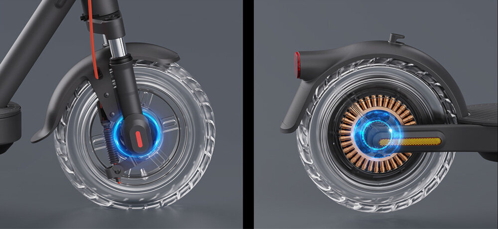 Hulajnoga elektryczna XIAOMI Scooter Elite 45km 400W 10 cali Czarny zbliżenie na koła podświetlone hamulce bezpieczeństwo podwójny system hamulcowy przedni hamulec bębnowy tylny system E-ABS duża siła hamowania system E-ABS zapobiega blokowaniu się kół podczas hamowania