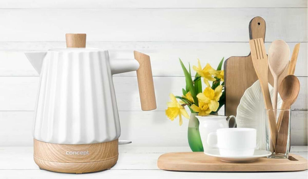 Czajnik elektryczny ceramiczny  1,5 l, biały 1,5 l RK0090 pojemność 1,5 l moc 1500 W elegancja funkcjonalność wysoka jakość ceramiki naturalne elementy w kolorze drewna do różnych aranżacji kuchennych estetyka wygoda użytkowania wymiary 24 x 23 x 15 cm waga 1,65 kg praktyczny stylowy dodatek 