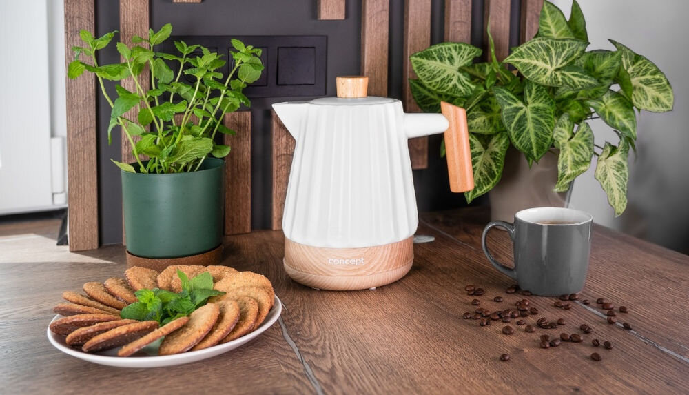 Czajnik elektryczny ceramiczny  1,5 l, biały 1,5 l RK0090 stylowy element kuchni praktyczne zdrowe rozwiązanie ceramika całkowicie bezpieczny materiał nie uwalnia szkodliwych substancji do wody czystośc bezpieczeństwo optymalne własciwości izolacyjne odporny na plamy nie przyjmuje zapachów łatwe czyszczenie do codziennego użytkowania 