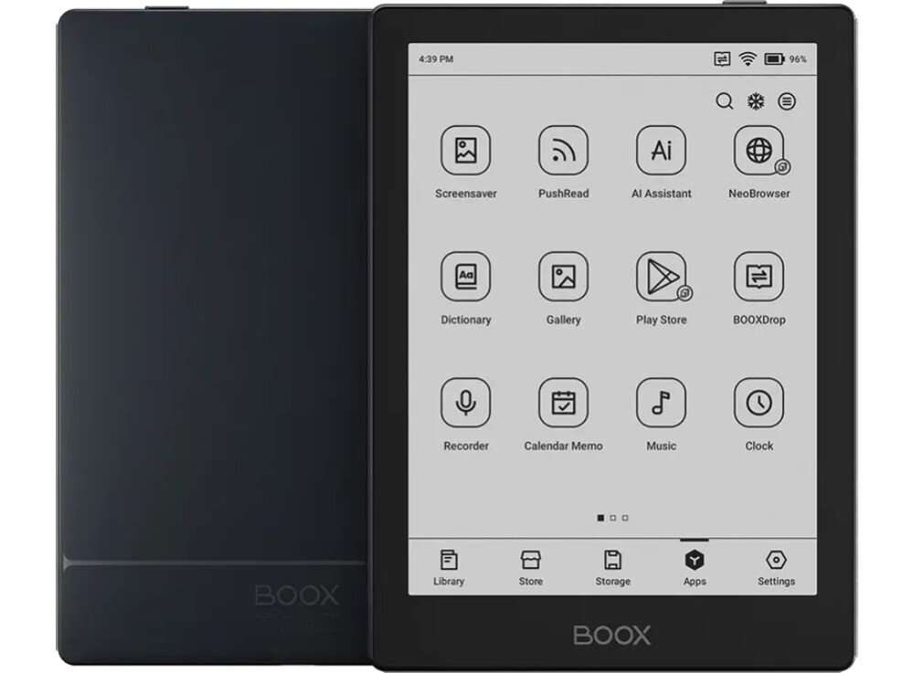 Czytnik e-booków ONYX BOOX Go Przednia i tylna strona urządzenia do czytania. Ekran wyświetla główne menu z ikonami aplikacji, w tym kalendarzem, sklepem Google Play i odtwarzaczem muzyki, procesor, pamięć, pojemność, chmura