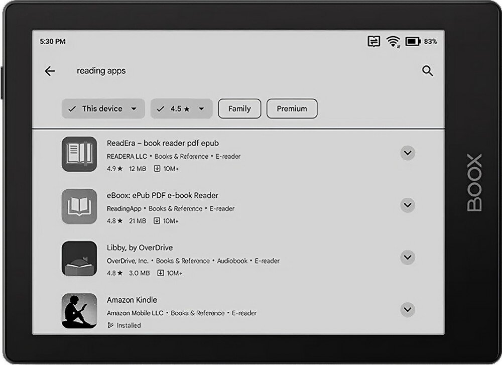 Czytnik e-booków ONYX BOOX Go Czytnik książek z otwartym sklepem aplikacji. Na ekranie widoczna jest lista dostępnych aplikacji do czytania, aplikacje, łączność, Wi-Fi, Bluetooth