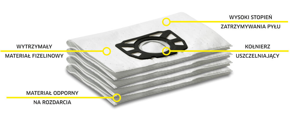 Worek do odkurzacza KARCHER 6.904-413.0 (10 sztuk) odporność na rozdarcia filtracja pyłków grube zanieczyszenia wilgotne zanieczyszczenia