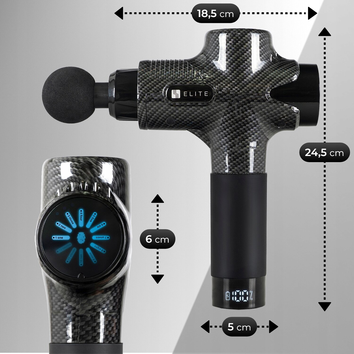 Na obrazie widoczny jest pistolet masujący z wyświetlaczem LED, oznaczony logo \'ELITE\'. Wymiary urządzenia to 18,5 cm długości, 24,5 cm wysokości, 6 cm średnicy głowicy i 5 cm średnicy uchwytu.