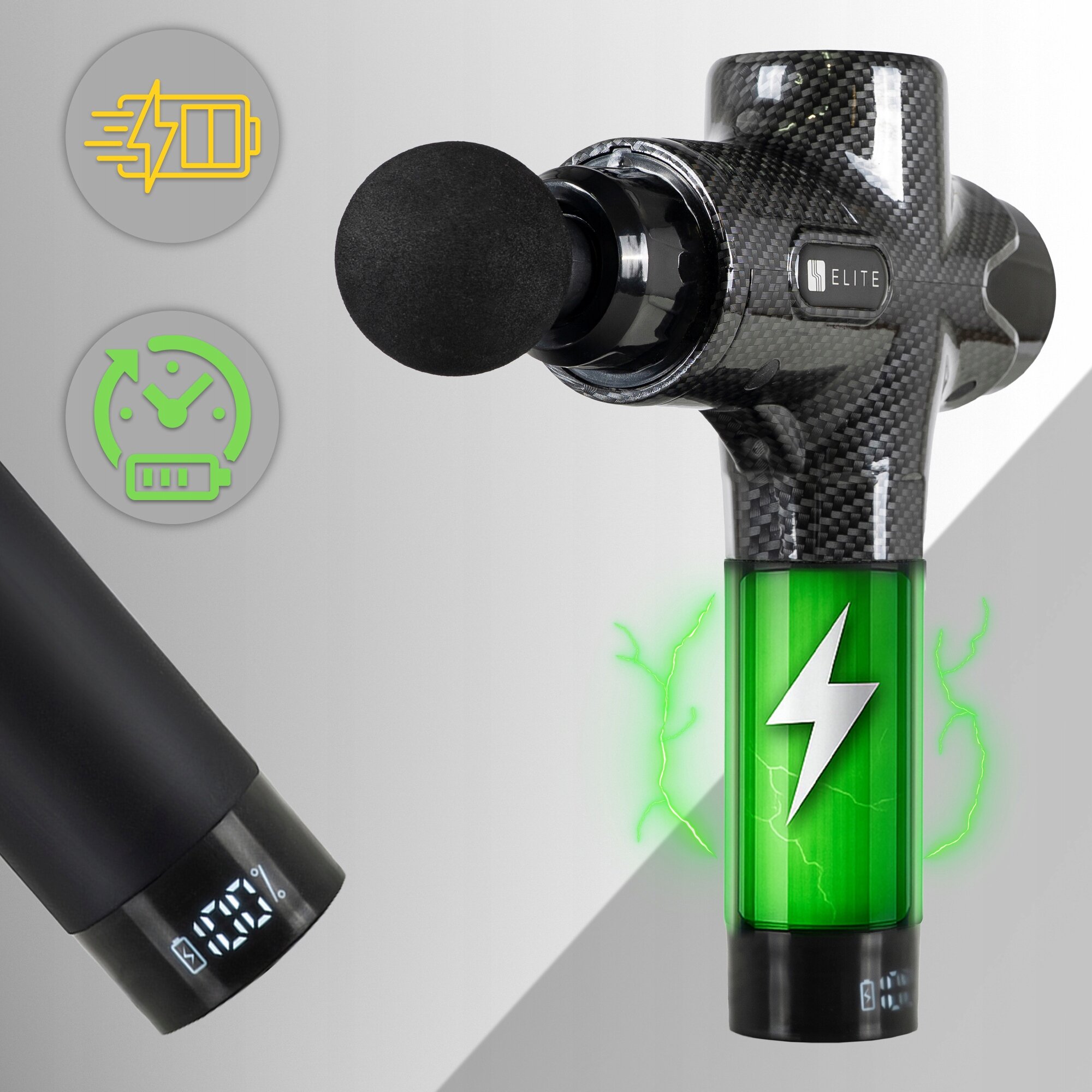 Na obrazie widoczny jest pistolet do masażu z czarną, teksturowaną powierzchnią i logo \'ELITE\'. Obok znajdują się ikony przedstawiające baterię i czas, a na wyświetlaczu urządzenia widnieje \'100%\'.