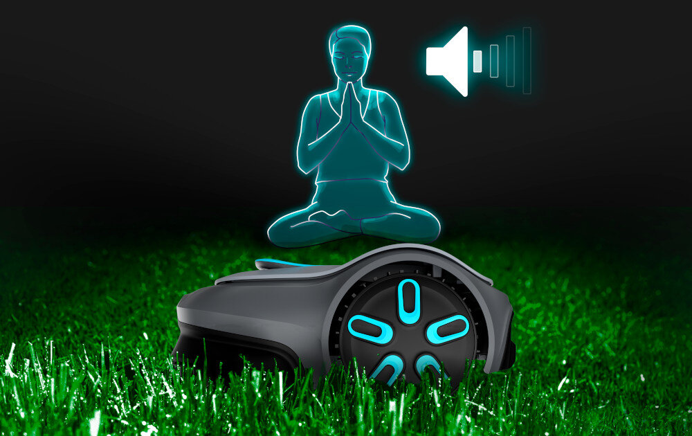 Robot koszący GARDENA Smart Sileno Free 600 19921-32 sterowanie Wi-Fi robot stoi na trawie w tle osoba siedzi na trawie obok ikona głośnika poziom hałasu 58 dB(A) akumulator litowo-jonowy o napięciu 18 V i pojemności 5,0 Ah dzienny czas pracy do 9 godzin