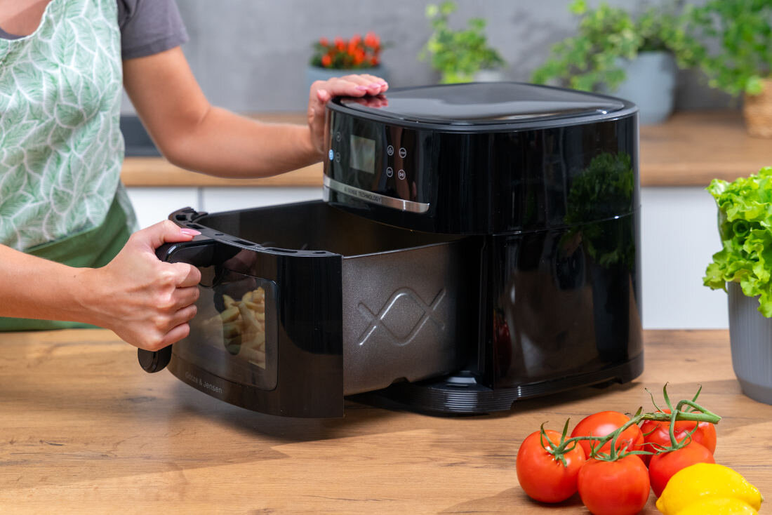 Frytkownica beztłuszczowa GOTZE & JENSEN AF800K AI Air Fryer Timer do 60 minut precyzyjne ustawienie czasu pieczenia kontrola potrawy wygoda użytkowanie
