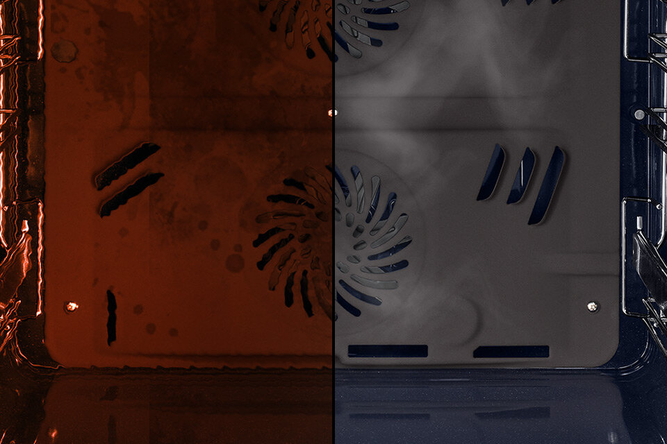 Zdjęcie komory w trakcie pracy oraz czystego wnętrza po zakończonym pieczeniu przedstawia działanie wkładu katalitycznego w piekarniku Samsung NV7B4525ZAK Zdjęcie komory w trakcie pracy oraz czystego wnętrza po zakończonym pieczeniu przedstawia działanie wkładu katalitycznego w piekarniku Samsung NV7B4525ZAK