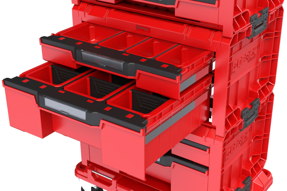 Zestaw skrzynek narzędziowych QBRICK System PRO Drawer Workshop SET 6 2.0 Ultra HD trwałość odporność uderzenia szuflady mechanizmy prowadnic