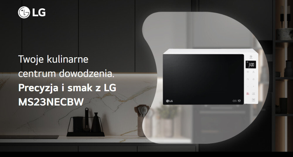 KUCHNIA MIKROFALOWA LG MS23NECBW kuchnia logo pole tekstowe nagłówek kuchenka front kolor biały panel Inteligentny inwerter Równomierne podgrzewanie rozmrażanie
