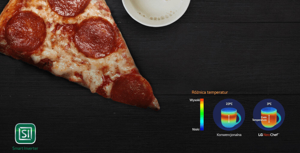 KUCHNIA MIKROFALOWA LG MS23NECBW pizza salami ser Równomierne podgrzewanie smaczne apetyczne pełnia smaku skuteczne podgrzewanie