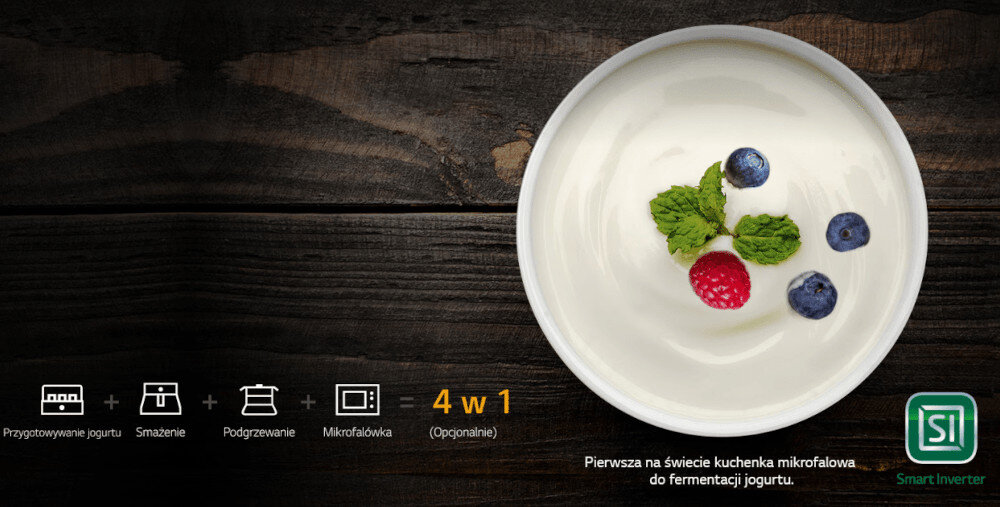KUCHNIA MIKROFALOWA LG MS23NECBW jogurt owoce maliny Gotowanie różnych potraw łączenie funkcji smażenie rozmrażanie podgrzewanie fermentacja oszczędza czas