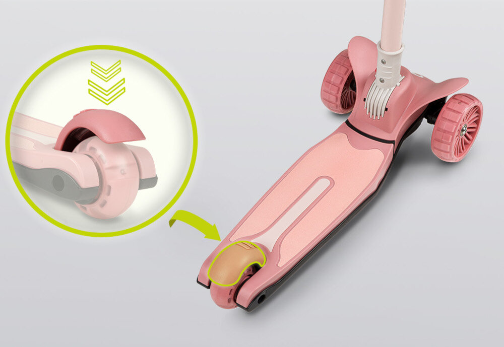 Hulajnoga dla dzieci LIONELO Timmy Różowy bezpieczenstwo stabilna jazda tylny blotnik funkcja hamulca noznego latwa kontrola pojazdu dostosowanie predkosci bezpieczne zatrzymanie sie