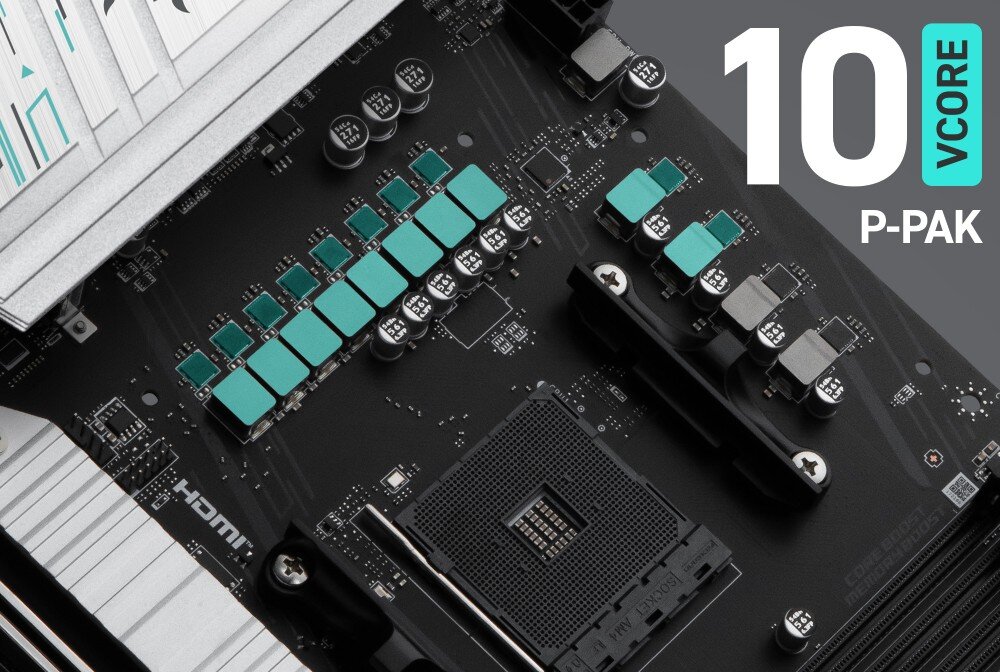 Płyta główna MSI B550 Gaming WiFi Makrofotografia sekcji zasilania na czarnym laminacie płyty głównej. Widoczne są liczne dławiki i kondensatory ułożone w rzędach obok gniazda procesora.