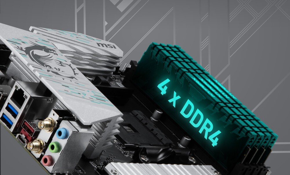 Płyta główna MSI B550 Gaming WiFi Zdjęcie przedstawia panel tylnych złączy oraz banki pamięci RAM. Nad slotami pamięci widnieje duży turkusowy napis '4 x DDR4'.