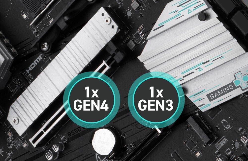 Płyta główna MSI B550 Gaming WiFi Widok z góry na dwa złącza dla dysków M.2 umieszczone między slotami PCIe. Nad złączami widnieją dwie turkusowe ikony z napisami '1x GEN4' oraz '1x GEN3'.