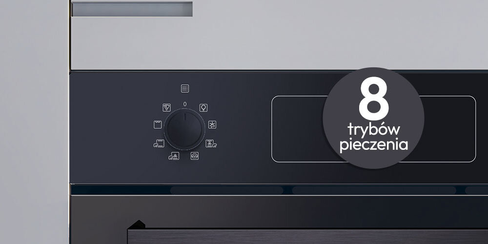 PIEKARNIK CANDY FIDC X605 CA lifestyle infografika panel funkcje programy wyświetlacz pokrętła sterowanie interfejs Szybki sposób na wypieki 8 programów ustawienia grzanie górne dolne wentylator grzałki tryby pokrętła termoobieg