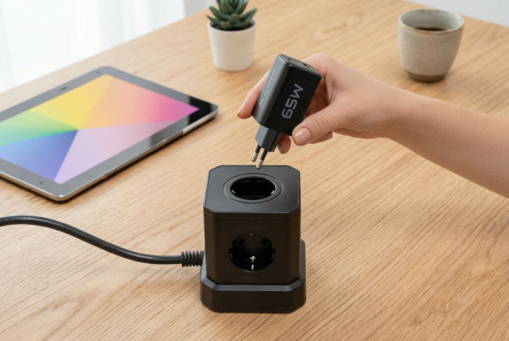 Osoba trzyma czarną ładowarkę z napisem \'65W\' i wkłada ją do czarnego gniazdka na biurku. Na biurku znajduje się również tablet z kolorowym ekranem, mała roślina w doniczce i filiżanka.