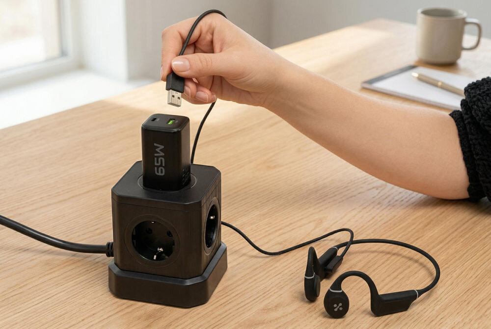 Na drewnianym stole znajduje się czarna ładowarka sieciowa z napisem \'65W\', podłączona do kostki z gniazdkami. Obok leżą czarne słuchawki bezprzewodowe.