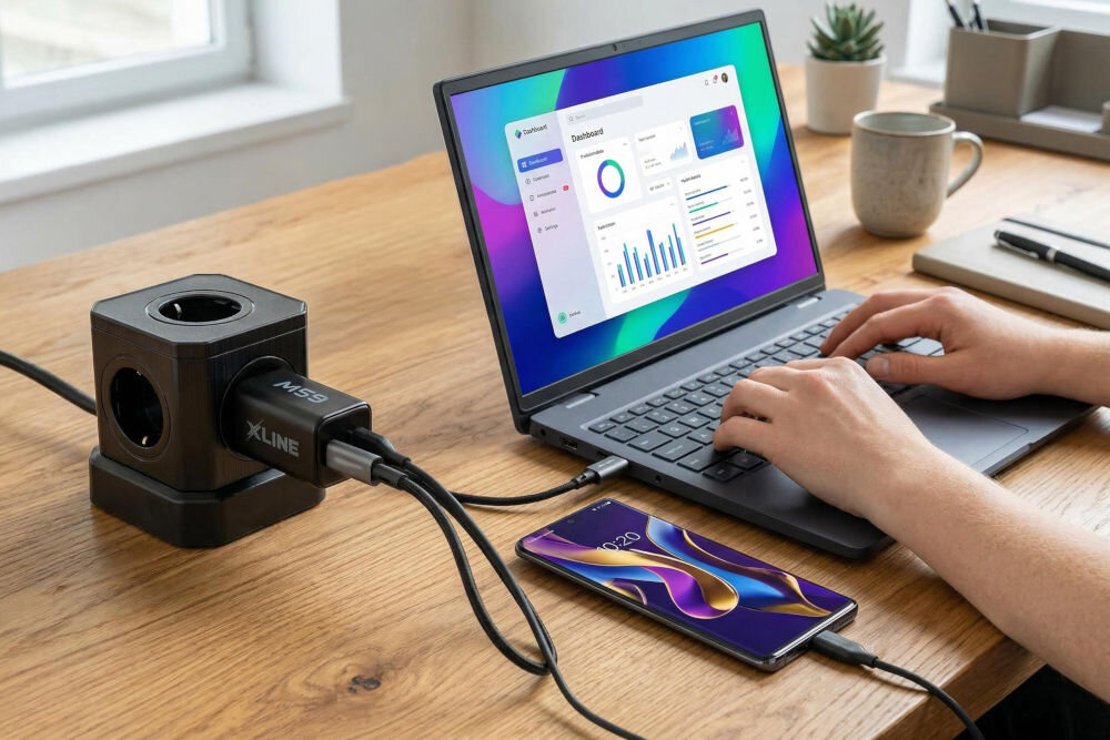 Na drewnianym stole znajduje się laptop z wyświetlonym wykresem oraz smartfon podłączony do ładowarki sieciowej XLINE WCG652K 65W GAN Czarny. Obok laptopa stoi kubek, a ładowarka jest podłączona do kostki z gniazdami elektrycznymi.