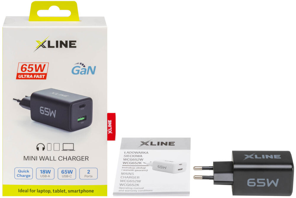 Na obrazie znajduje się czarna ładowarka sieciowa z oznaczeniem 65W oraz opakowanie z logo XLINE i napisami \'65W ULTRA FAST\', \'GaN\', \'MINI WALL CHARGER\'. Obok ładowarki leży instrukcja obsługi z napisem \'ŁADOWARKA SIECIOWA WCG652K\'.