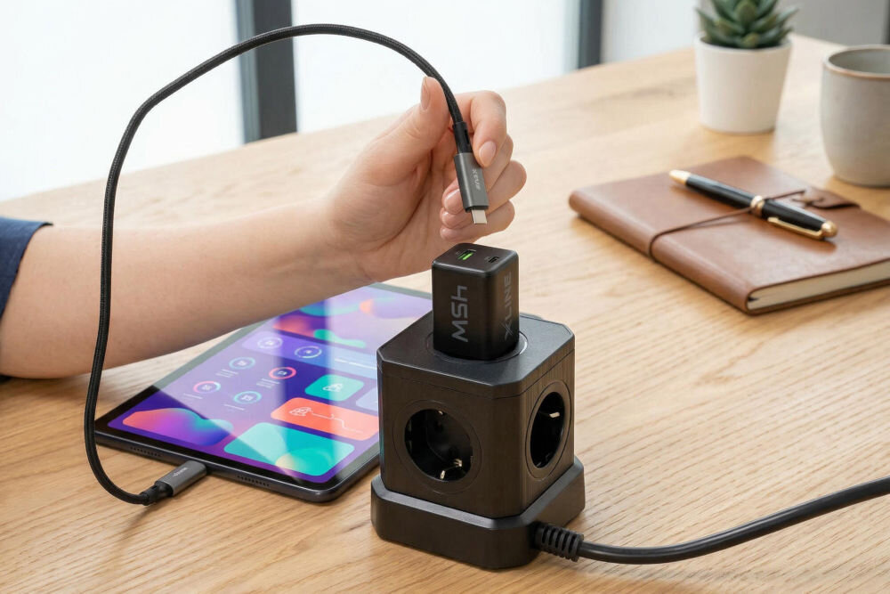 Na drewnianym stole znajduje się czarna ładowarka sieciowa podłączona do kostki z gniazdami elektrycznymi. Obok leży tablet z kolorowym ekranem i notatnik z długopisem.