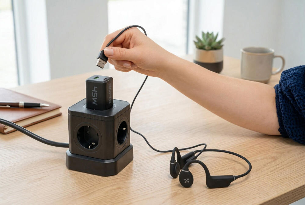 Na drewnianym stole znajduje się czarna ładowarka sieciowa z kilkoma gniazdami, do której podłączony jest kabel USB. Obok leżą słuchawki, a w tle widać kubek i roślinę w doniczce.