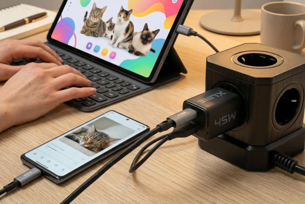Na biurku znajduje się czarna ładowarka sieciowa XLINE 45W GAN podłączona do kostki z gniazdami. Obok leży smartfon z wyświetlonym zdjęciem kota oraz tablet z klawiaturą, na którym widoczne są zdjęcia kilku kotów.