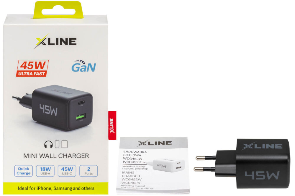 Na obrazie znajduje się czarna ładowarka sieciowa z logo XLINE oraz opakowanie z napisem \'45W ULTRA FAST GaN\'. Widoczna jest także ulotka z informacjami o produkcie oraz tekst \'ŁADOWARKA SIECIOWA WCG452K\'.