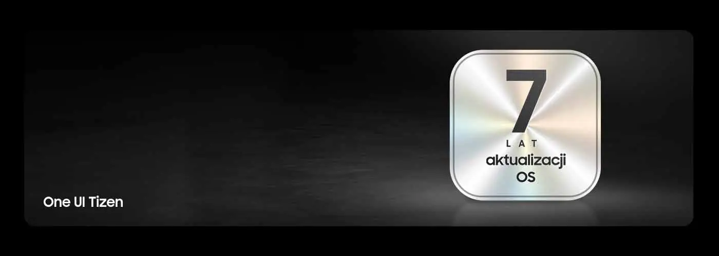 7lat Emblemat One UI Tizen z symbolem 7 lat aktualizacji systemu na ciemnym tle.