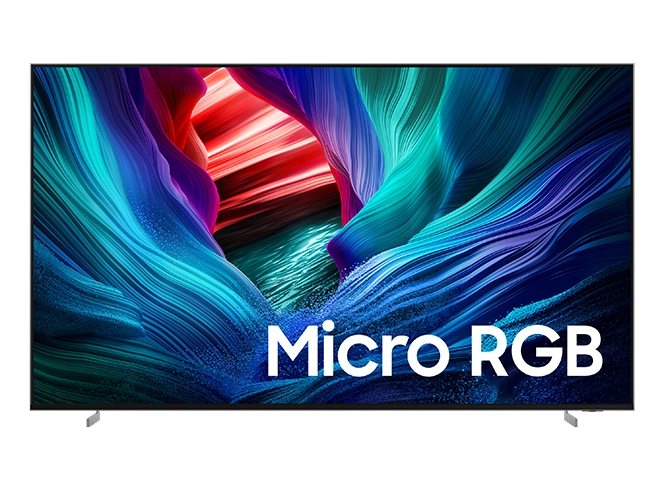 mo 664x498-packshot Telewizor Samsung Micro RGB R95F 115” 4K Smart TV widok frontu z kolorowym ekranem i logo Micro RGB.