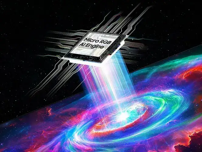 mo 664x498-procesor ktory ozywia kolory Procesor Micro RGB AI przedstawiony na ciemnym tle z efektami świetlnymi symbolizującymi moc obliczeniową.