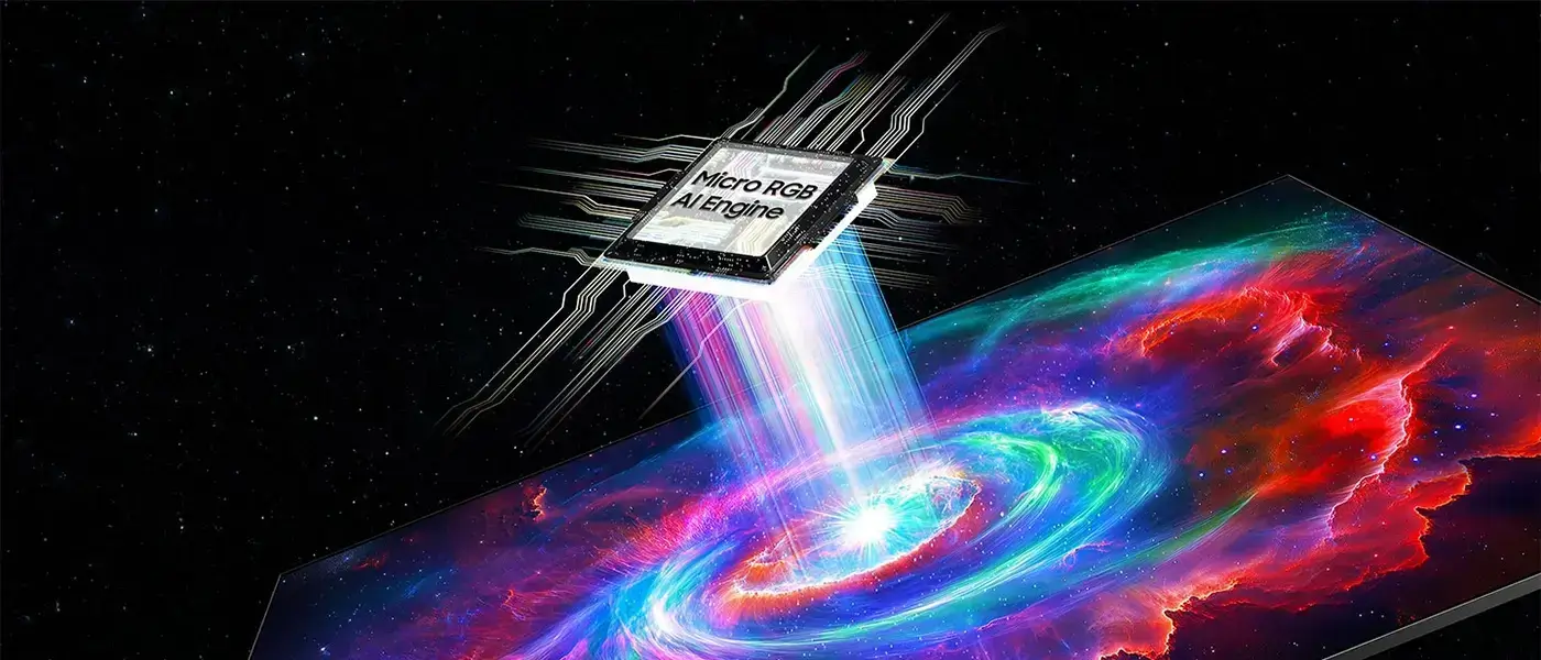 procesor ktory ozywia kolory-1400x600 Procesor Micro RGB AI przedstawiony na ciemnym tle z efektami świetlnymi symbolizującymi moc obliczeniową.