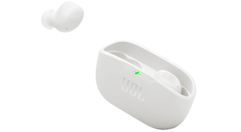 JBL Wave Buds 2 połączenie wielopunktowe dwa urządzenia jednocześnie, słuchawki dokanałowe z etui ładujacym po skosie na białym tle
