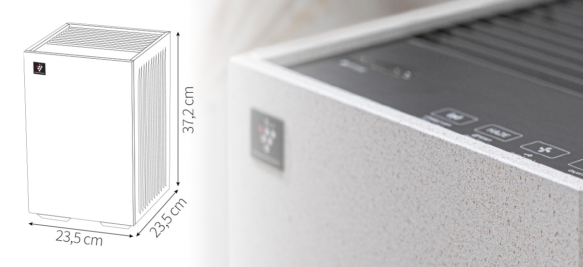 Oczyszczacz powietrza SHARP FP-S42EU-L mobilne wymiary waga  Minimalistyczna, geometryczna forma i stonowana kolorystyka  w salonie, sypialni czy biurze