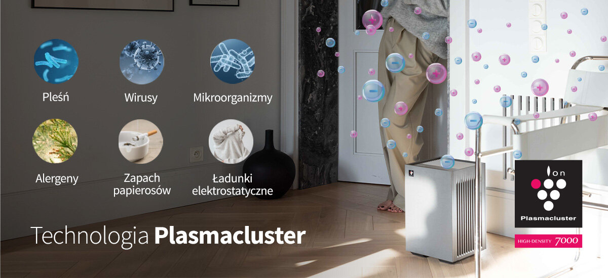 Oczyszczacz powietrza SHARP FP-S42EU-L System Plasmacluster HD7000 dodatnie i ujemne jony do bakterii, wirusów, alergenów i zapachów filtruje powietrze zdrowe powietrze