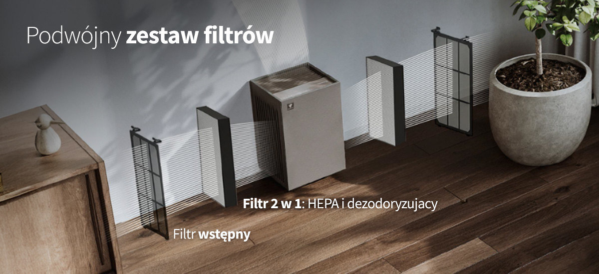 Oczyszczacz powietrza SHARP FP-S42EU-L filtry i boczny wlot powietrza filtry wstępne filtry 2 w 1 HEPA  pochłaniające zapachy Boczny wlot obecność kurzu, sierści czy alergenów boczne wloty powietrza
